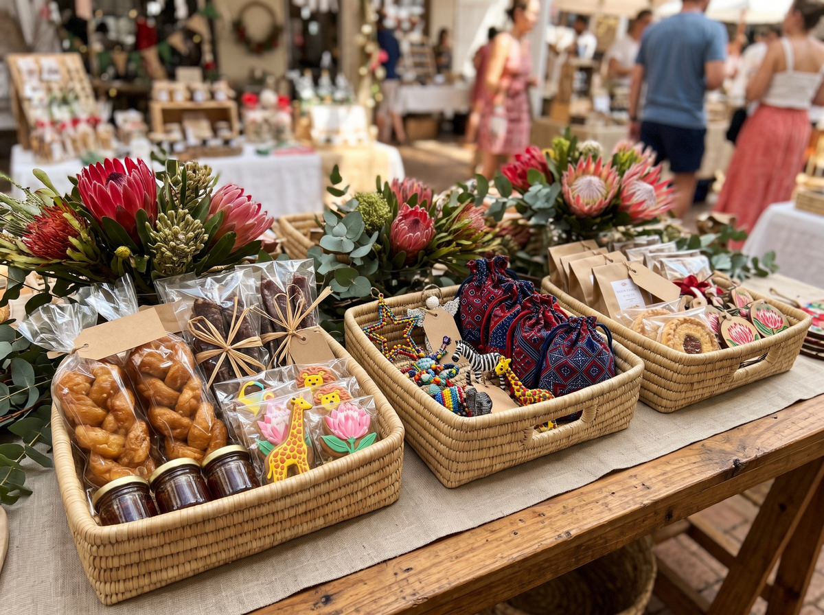 A rustic market stall display featuring Malawi Furniture woven baskets filled with artisanal treats, including twisted brown pastries, jars of spread, and colorful giraffe-shaped chocolates, alongside patterned drawstring pouches, set against a blurred background of flowers and shoppers.