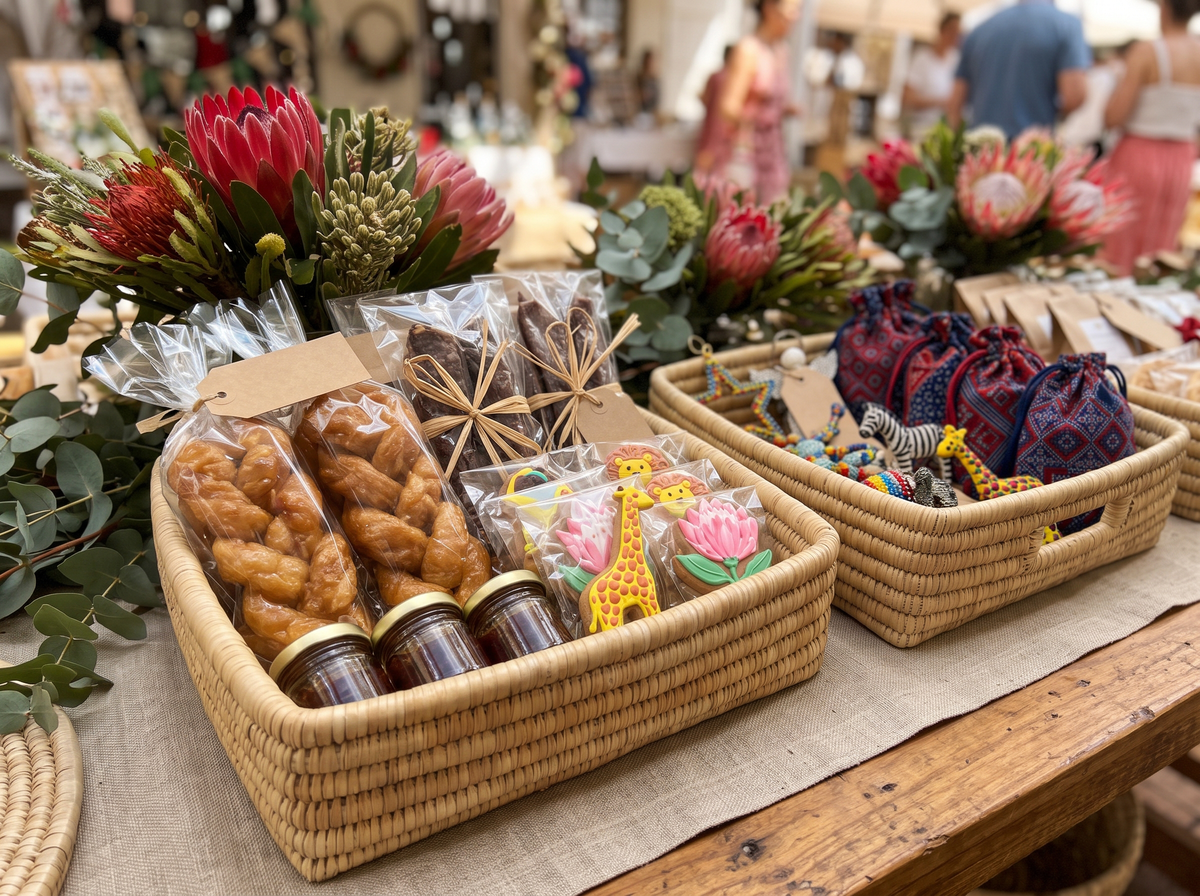 A rustic market stall display featuring Malawi Furniture woven baskets filled with artisanal treats, including twisted brown pastries, jars of spread, and colorful giraffe-shaped chocolates, alongside patterned drawstring pouches, set against a blurred background of flowers and shoppers.