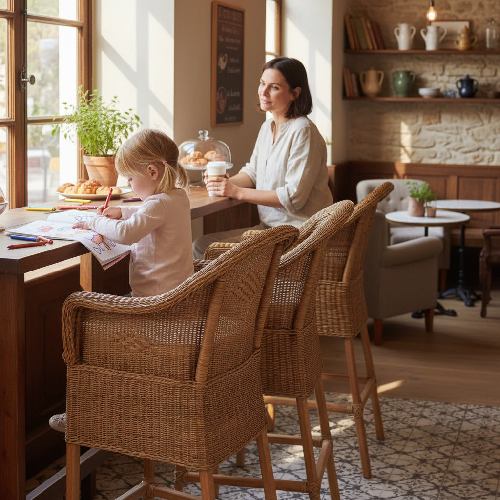 Malawi Furniture - Classic Bar Stool - Wood and stone cafe - mother and daughter