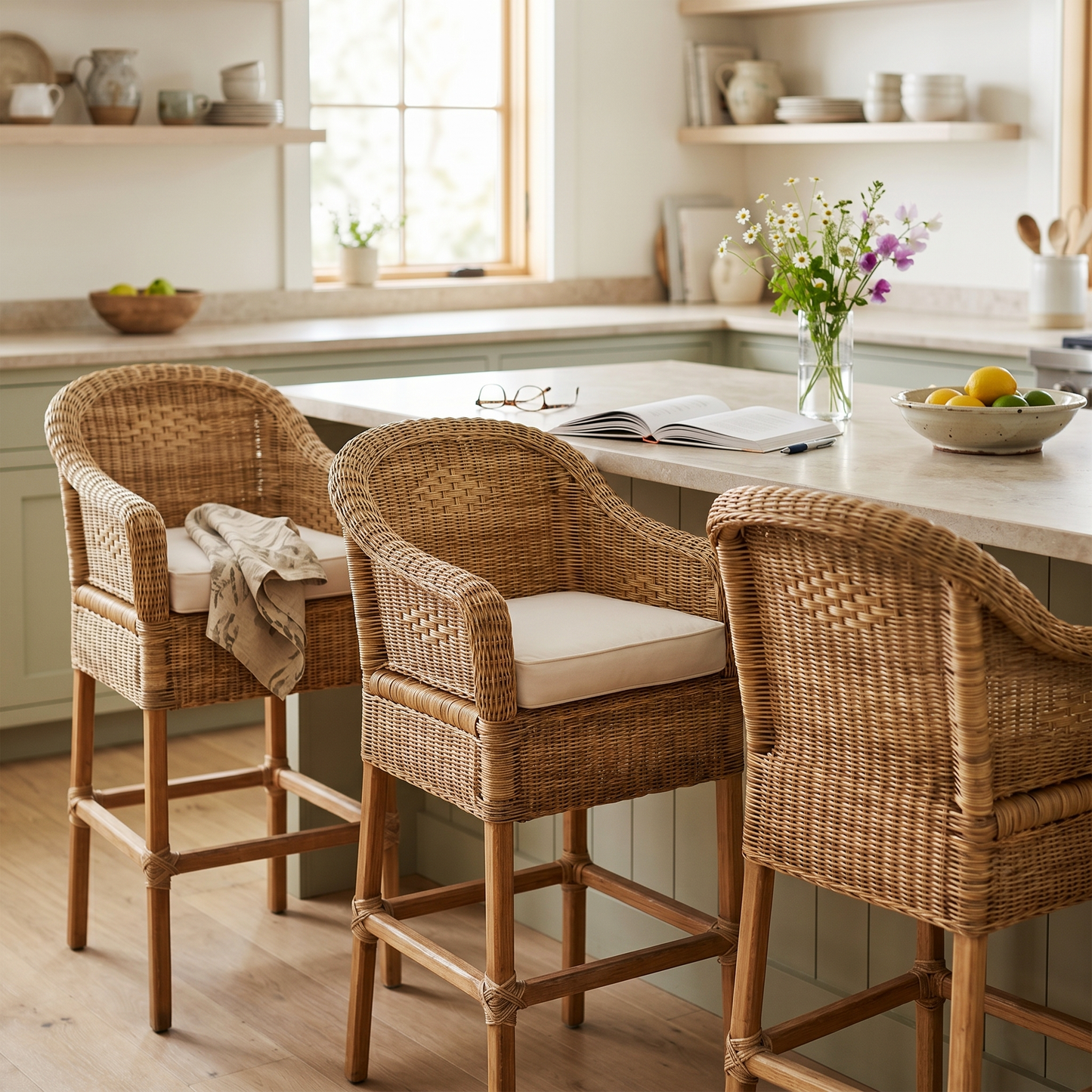 Malawi Furniture - Three handcrafted natural cane Malawian bar stools with white cushions arranged at a bright, modern kitchen island. These classic cane counter stools feature comfortable armrests and bring warm, organic texture and coastal style to a beautifully styled home kitchen.