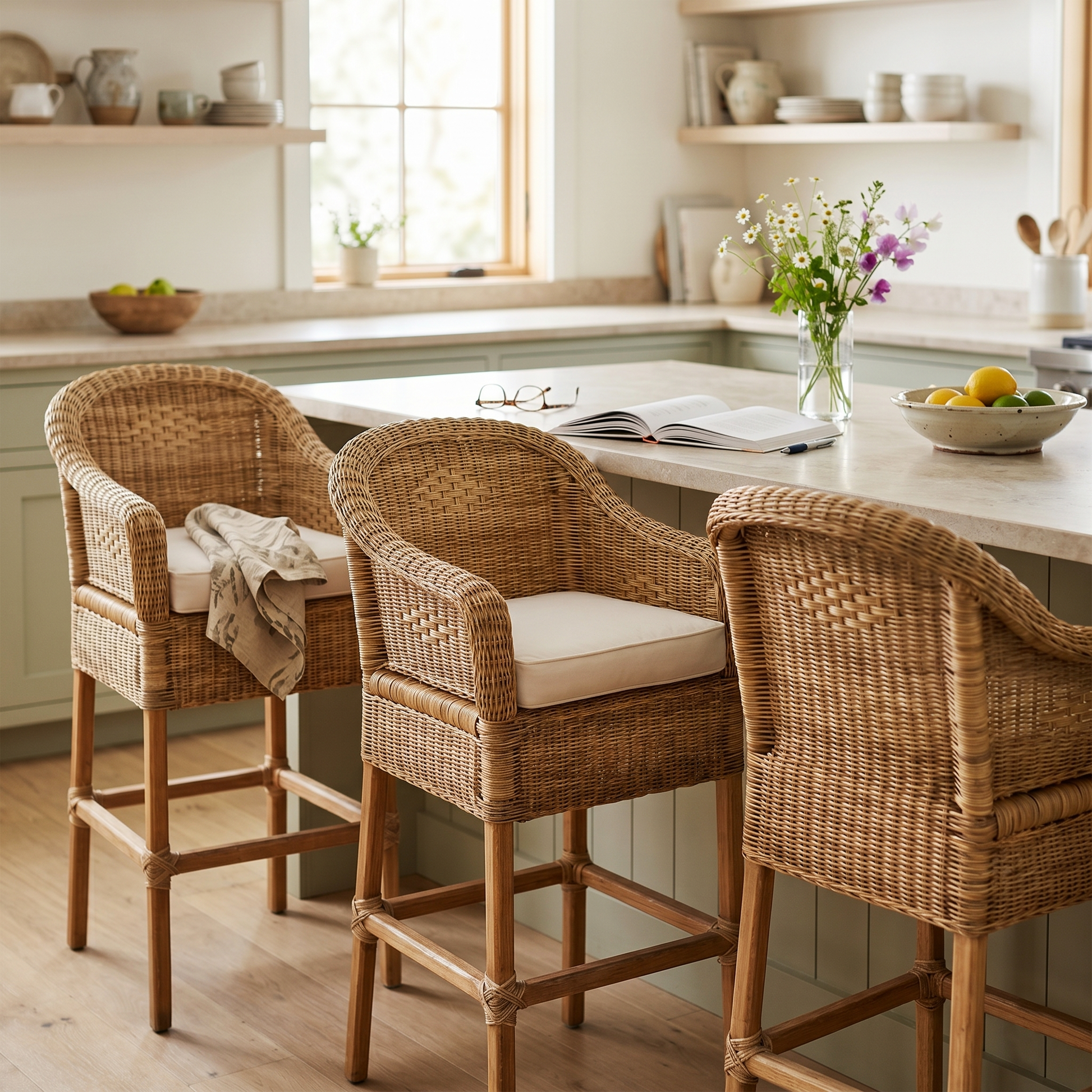 Malawi Furniture - Three handcrafted natural cane Malawian bar stools with white cushions arranged at a bright, modern kitchen island. These classic cane counter stools feature comfortable armrests and bring warm, organic texture and coastal style to a beautifully styled home kitchen.