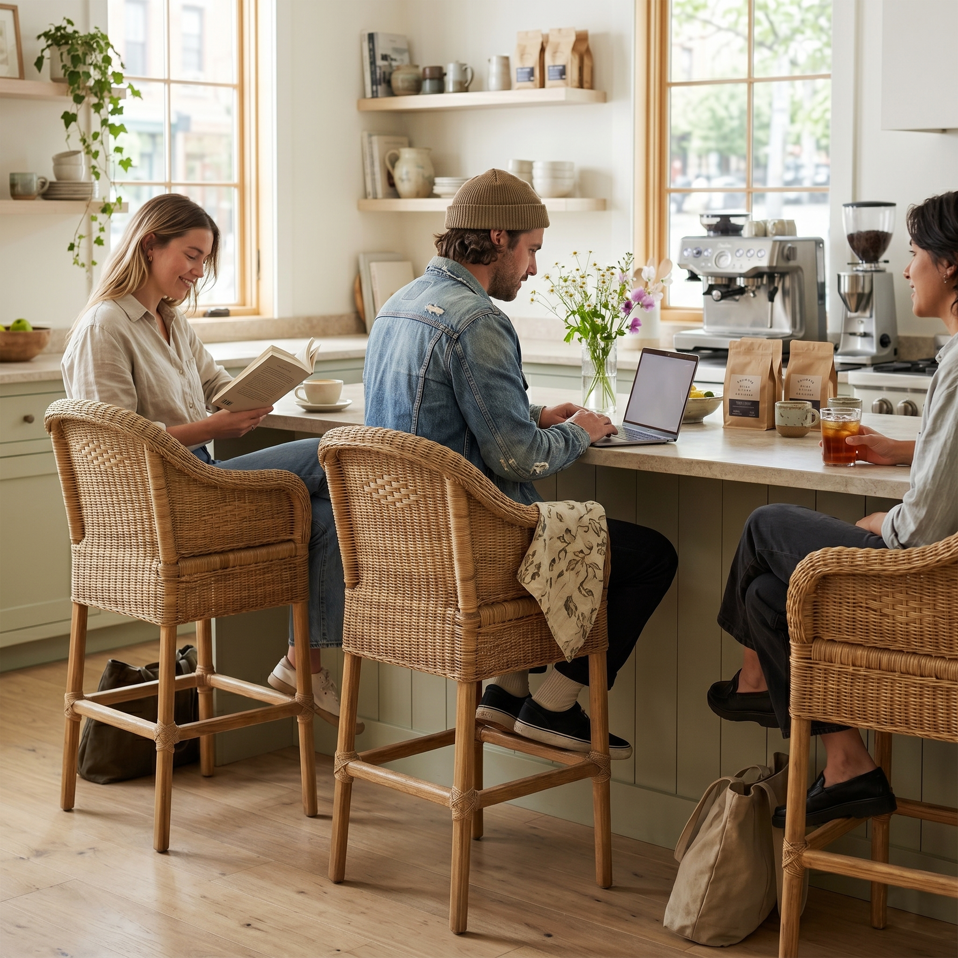 Malawi Furniture - Three handcrafted natural cane Malawian bar stools with white cushions arranged at a bright, modern kitchen island. These classic cane counter stools feature comfortable armrests and bring warm, organic texture and coastal style to a beautifully styled homely cafe.