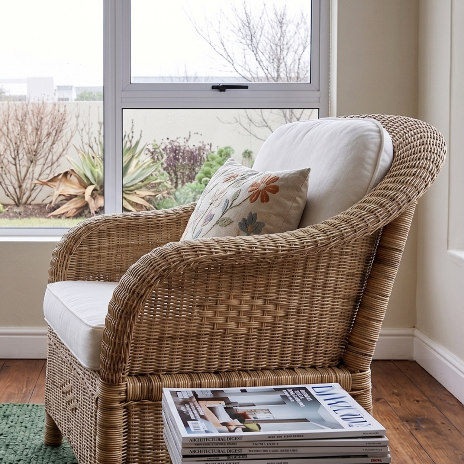 Available Now - Malawi Furniture - Handwoven natural cane Malawi Couch Chair with plush white cushions and a floral pillow in a cozy sunlit corner. Ideal for a relaxed reading nook.