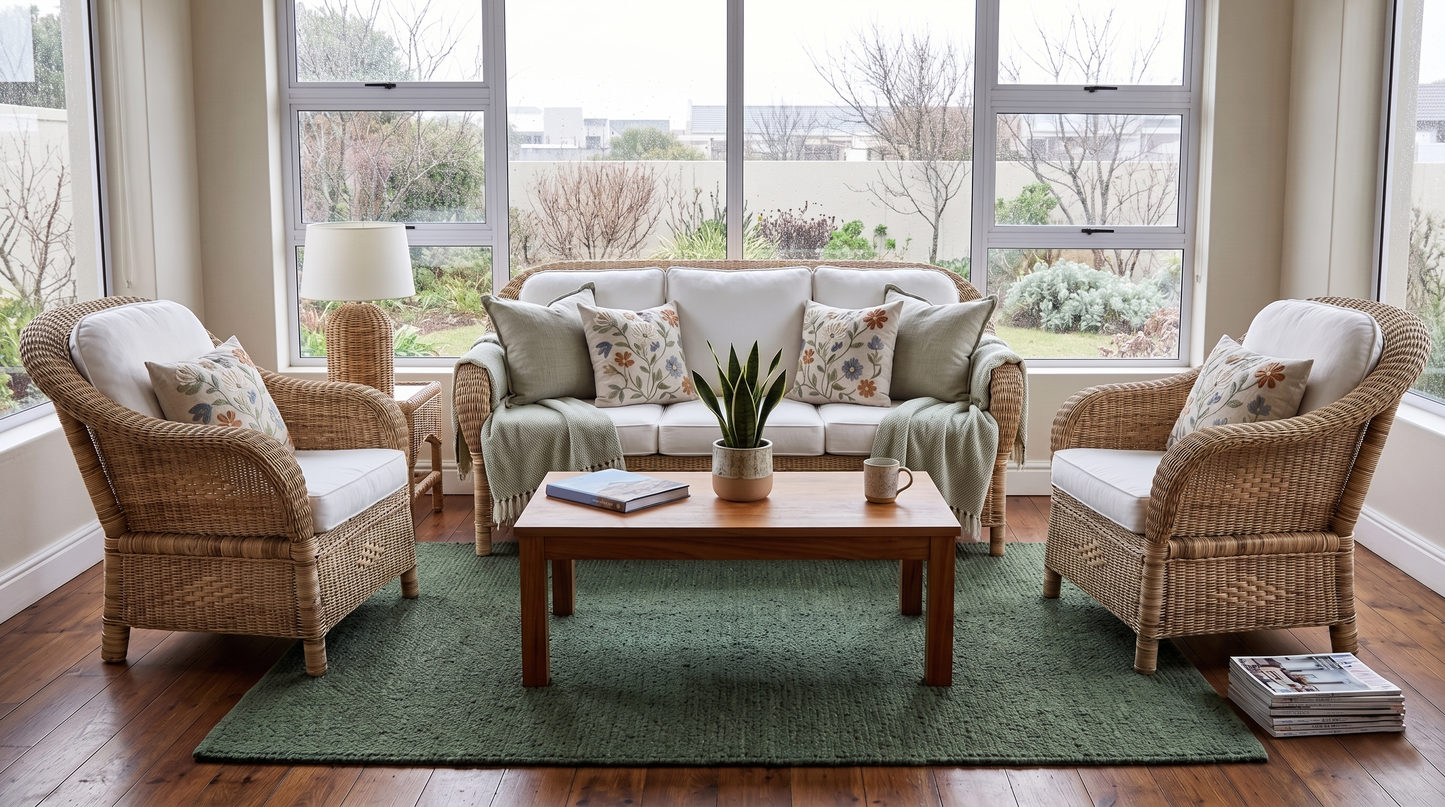 Available Now - Malawi Furniture - Handwoven natural cane Malawian Couch Set with plush white cushions and a floral pillow in a cozy sunlit corner. Ideal for a relaxed lounge.