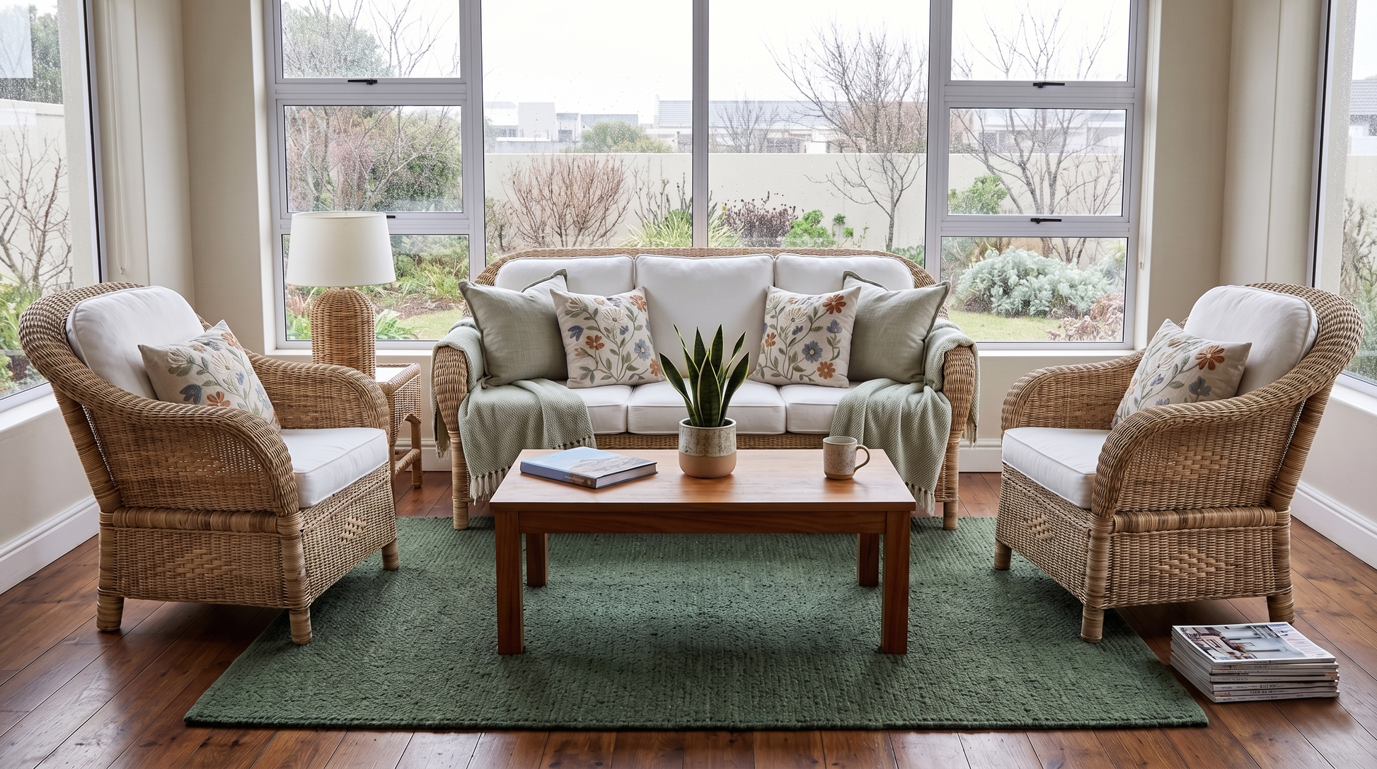 Available Now - Malawi Furniture - Handwoven natural cane Malawian Couch Set with plush white cushions and a floral pillow in a cozy sunlit corner. Ideal for a relaxed lounge.