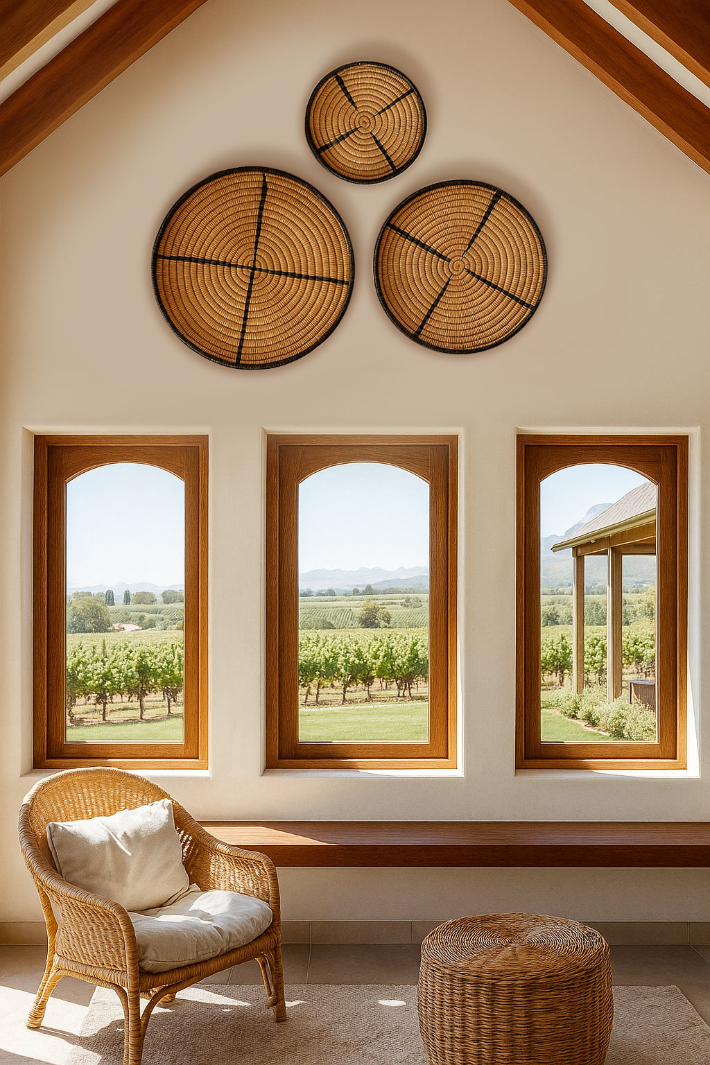 Hand-woven Malawian wall-hanging basket crafted from natural cane and grasses, featuring a shallow, circular tray-like form with a woven hanging loop at the back. Available in three sizes (approx. 30 cm, 40 cm, 50 cm in diameter), each piece is unique, fumigated for pest safety, and embodies artisanal, rustic texture—ideal as standalone decor or grouped on a gallery-style wall display.
