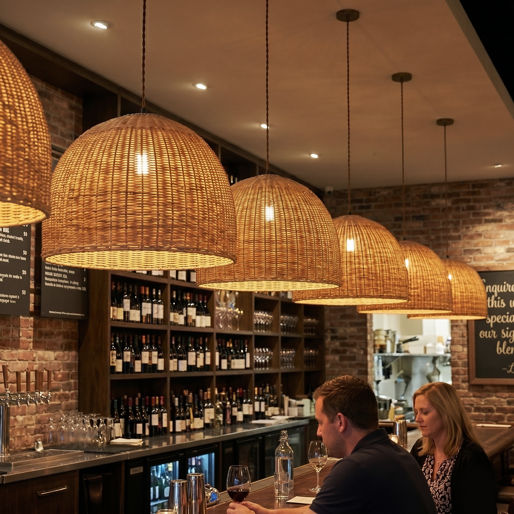 Malawi Furniture large dome pendant lampshades featuring a natural closed weave design, woven cane hanging basket lighting in a luxury wine bar and kitchen space.