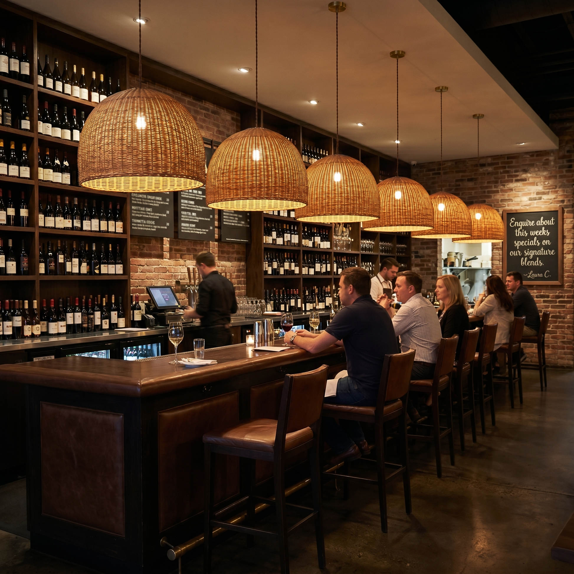 Malawi Furniture large dome pendant lampshades featuring a natural closed weave design, woven cane hanging basket lighting in a luxury wine bar and kitchen space.