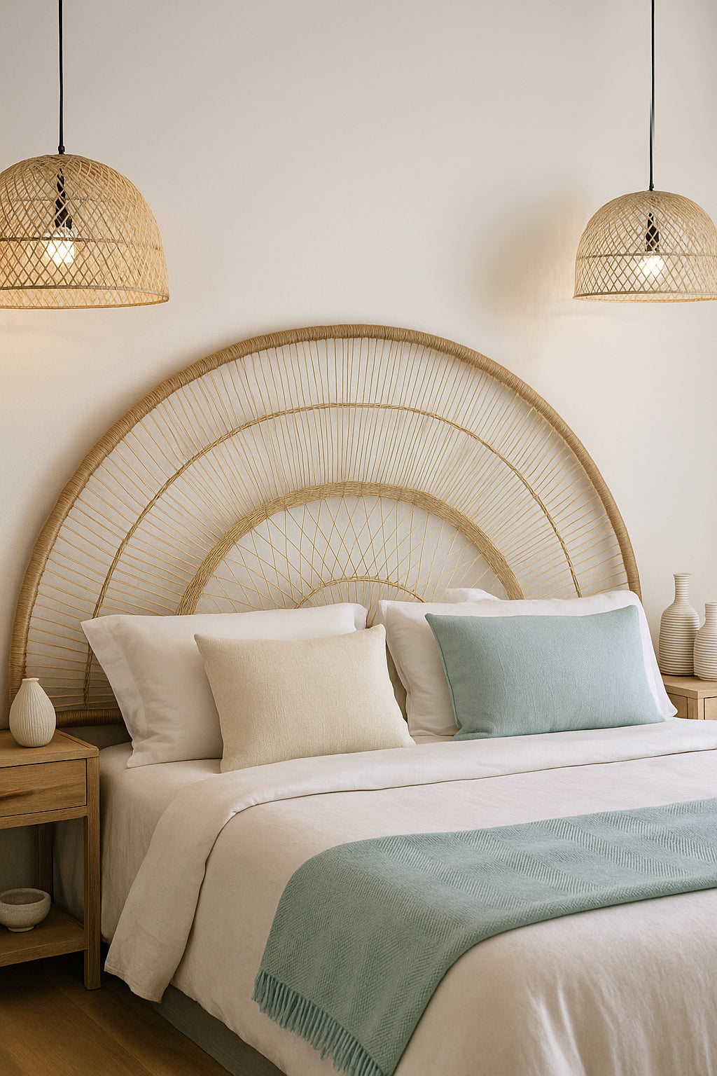 2 small Malawi cane dome pendant lampshades with half moon headboard