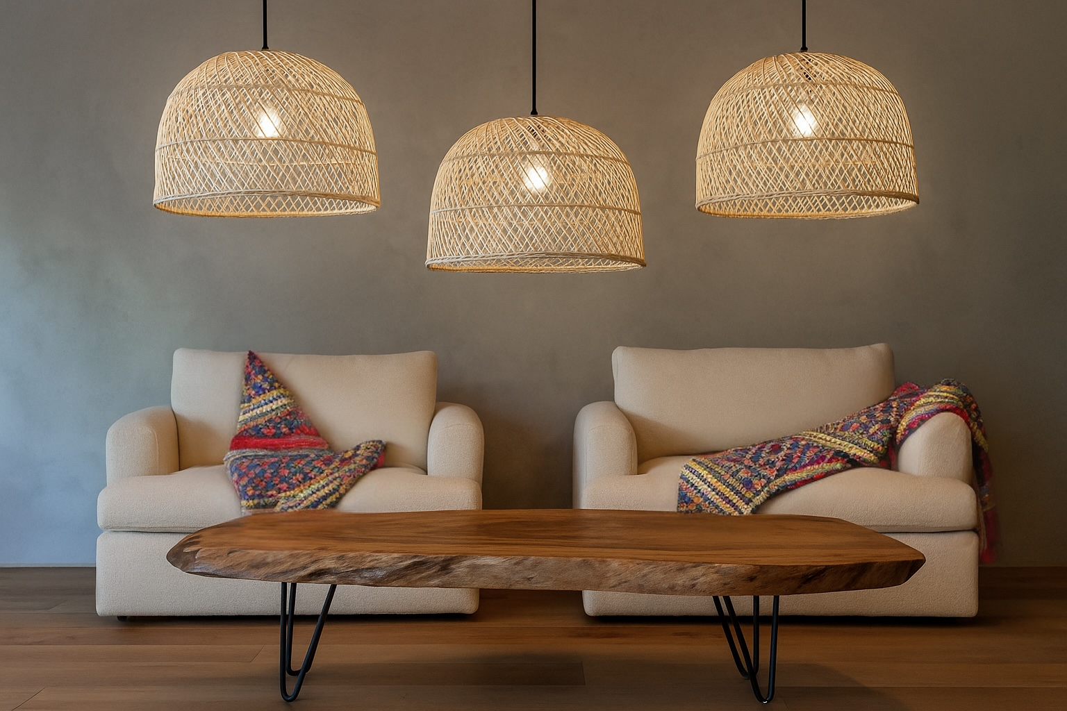 Dome Pendant Lampshade - 3 Large over lounge chairs and coffee table