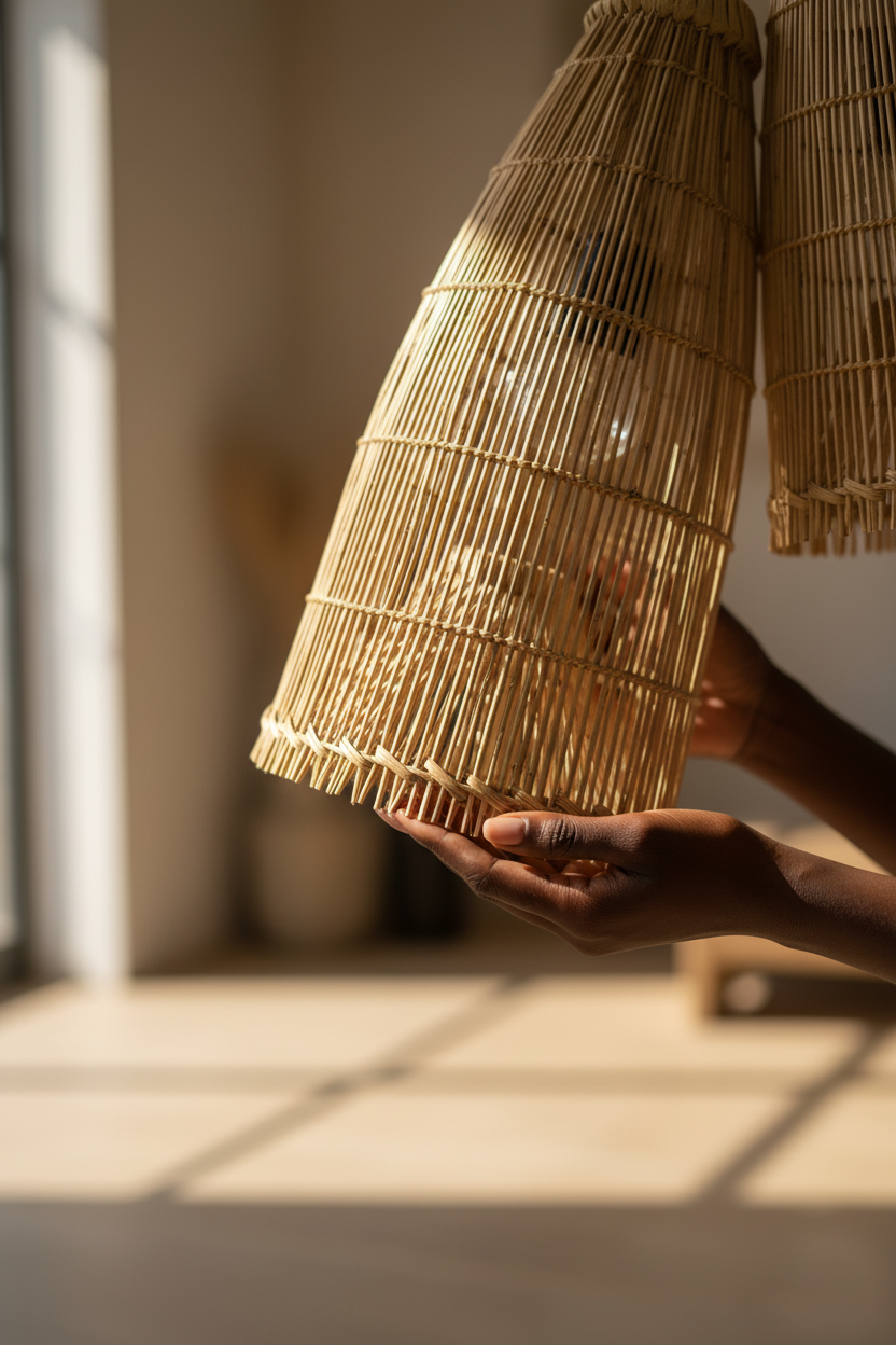 Malawi  Furniture - Fishtrap Pendent Lampshade being held by hand