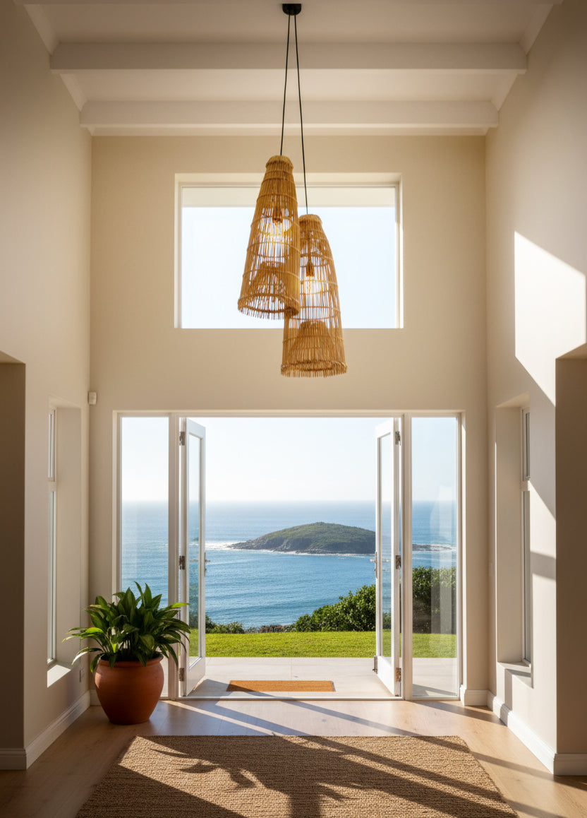 Malawi  Furniture - Fishtrap Pendent Lampshade in entrance of coastal home