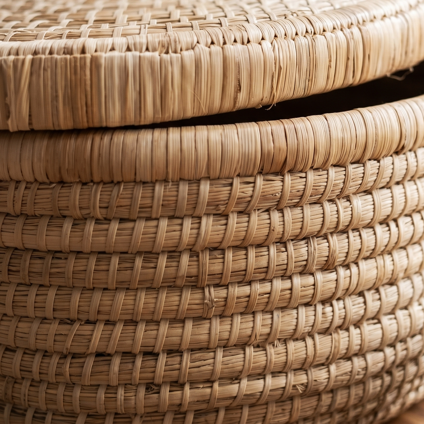 Woven Cane and Palm Storage Basket with Lid Close Up