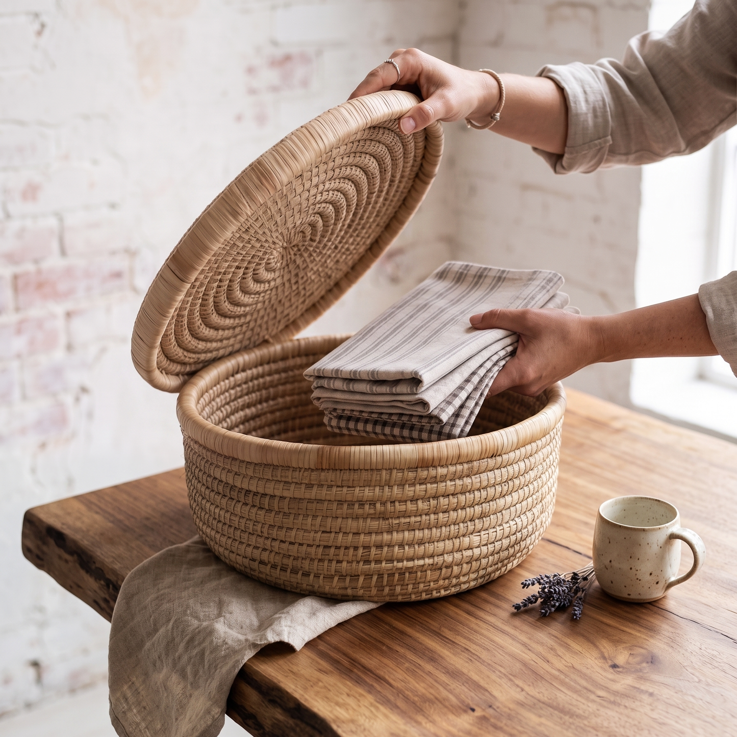 Woven Cane and Palm Storage Basket with Lid For Dining Storage