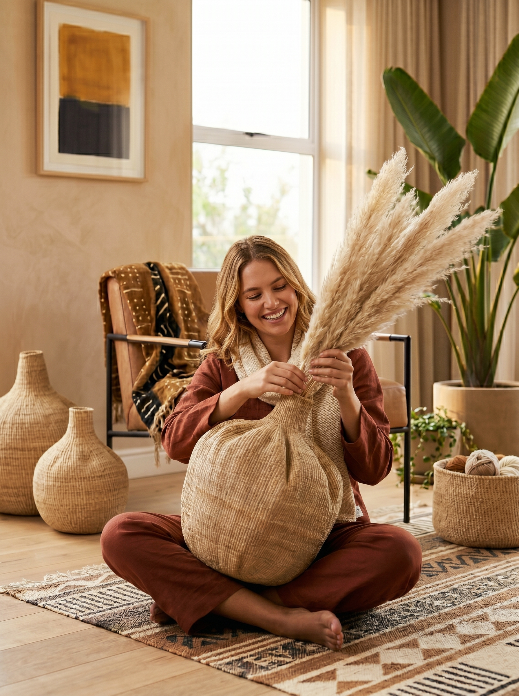 Artisanal authentic hand-woven Garlic Gourd Baskets from Malawi Furniture, a unique and natural storage and decor solution available online in multiple sizes.
