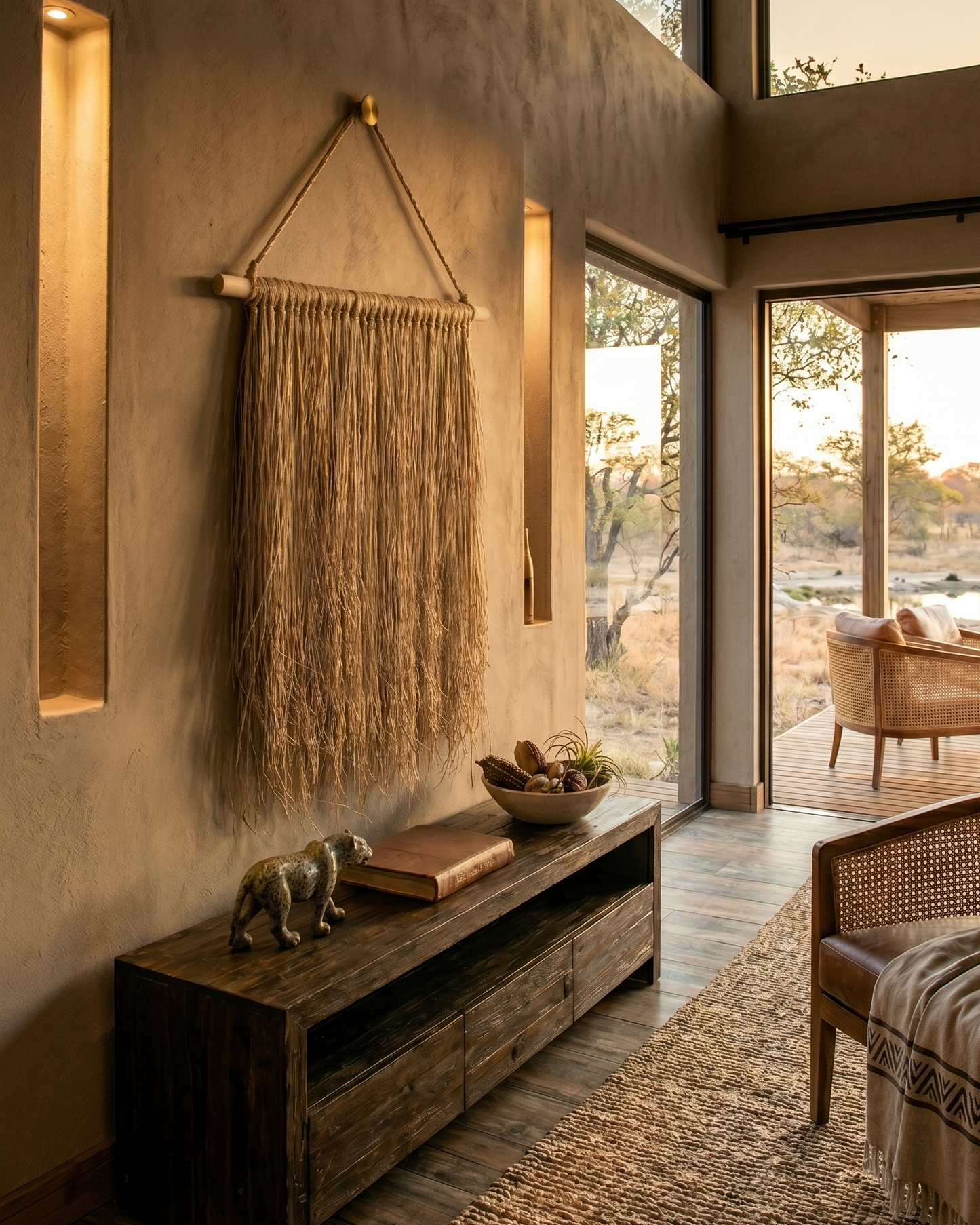 Hanging Grass Wall Decor in an African Safari Lodge. Handcrafted hanging grass wall art by Malawi Furniture, featuring natural dried organic ilala palm and seagrass onto a sustainable wooden dowel. Large 90cm by 1m boho fringed wall hanging in a light natural brown tone for minimalist home decor.