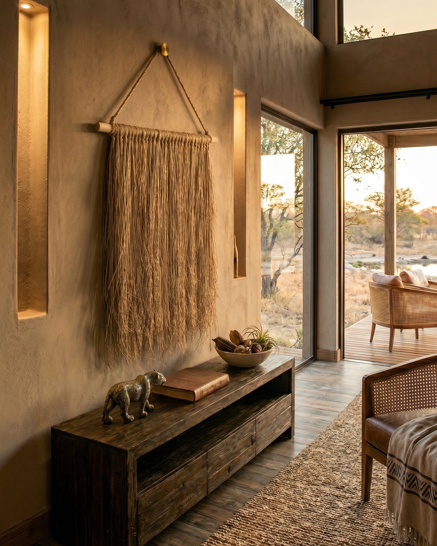 Hanging Grass Wall Decor in an African Safari Lodge. Handcrafted hanging grass wall art by Malawi Furniture, featuring natural dried organic ilala palm and seagrass onto a sustainable wooden dowel. Large 90cm by 1m boho fringed wall hanging in a light natural brown tone for minimalist home decor.