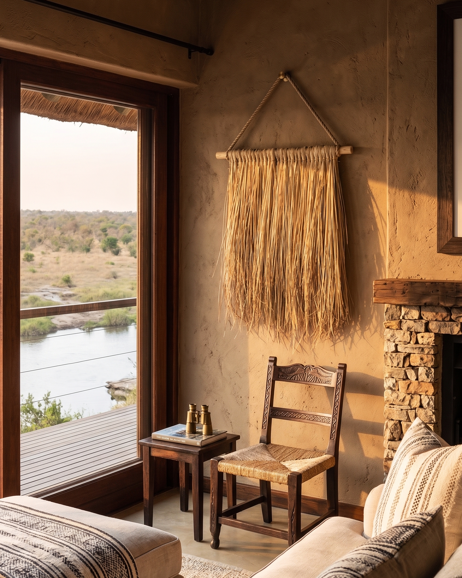 Hanging Grass Wall Decor in an African Safari Lodge. Handcrafted hanging grass wall art by Malawi Furniture, featuring natural dried organic ilala palm and seagrass onto a sustainable wooden dowel. Large 90cm by 1m boho fringed wall hanging in a light natural brown tone for minimalist home decor.