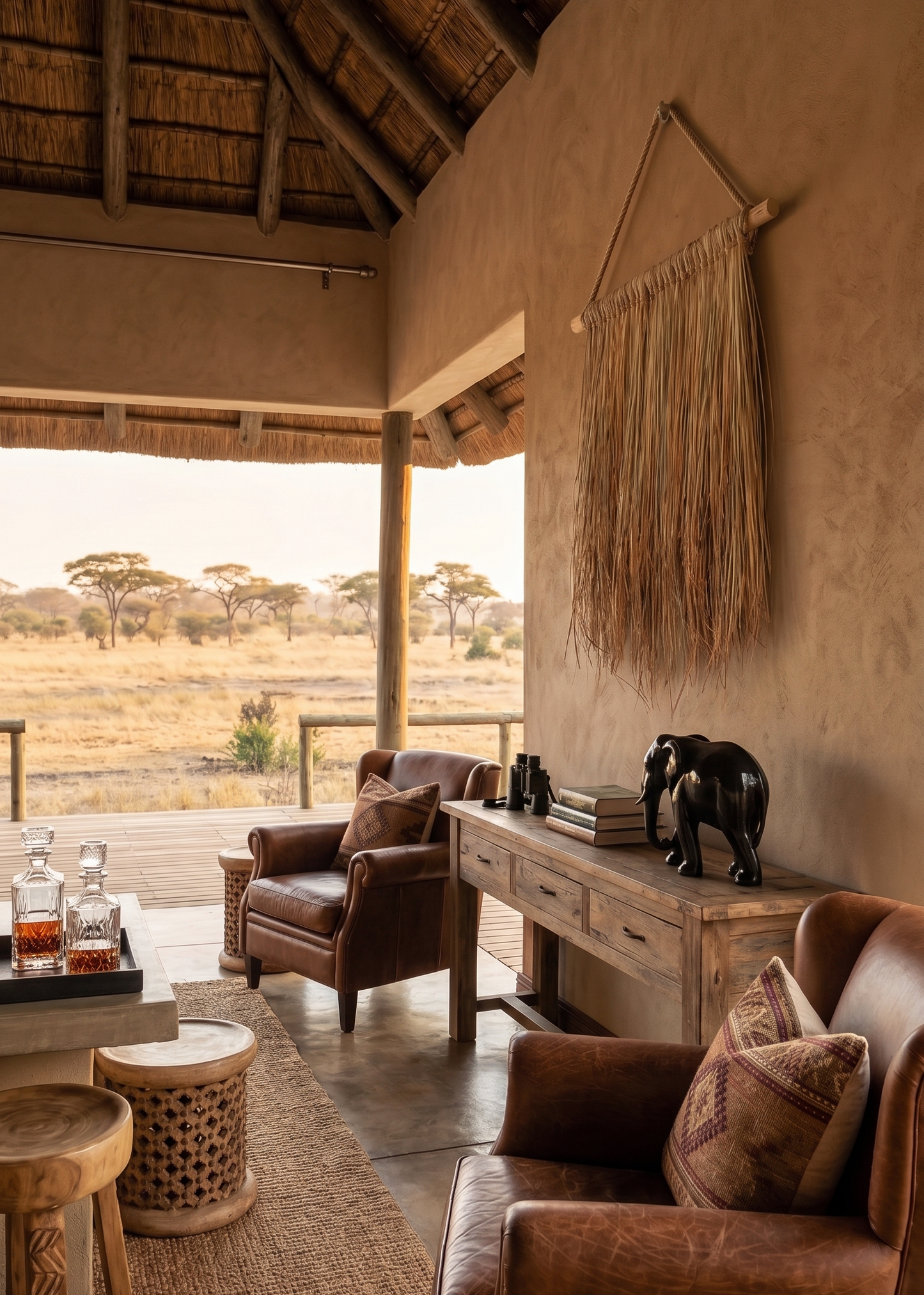 Boho grass wall hanging in safari lodge lounge. Malawi Furniture - Hanging Grass Wall Art - Londolozi