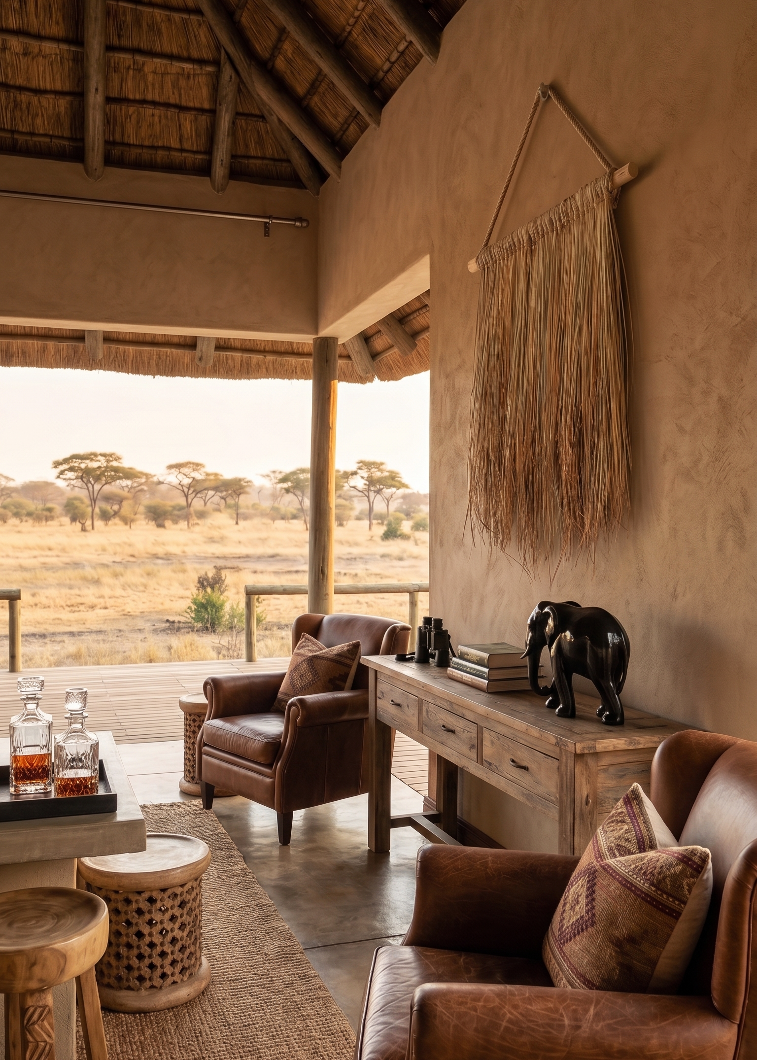Boho grass wall hanging in safari lodge lounge. Malawi Furniture - Hanging Grass Wall Art - Londolozi