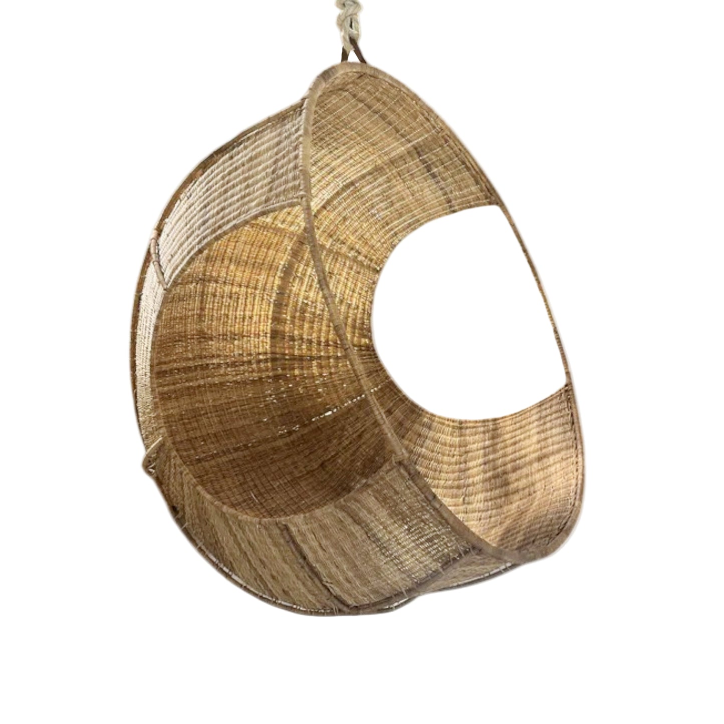 Hand-woven Malawi cane Hanging POD Chair with egg-shaped, cocoon-like structure suspended by sturdy rope, shown in natural finish. The chair features an open weave and rounded form designed as a personal relaxing sanctuary, with customizable detachable cushions (natural, white, or black) for added comfort.