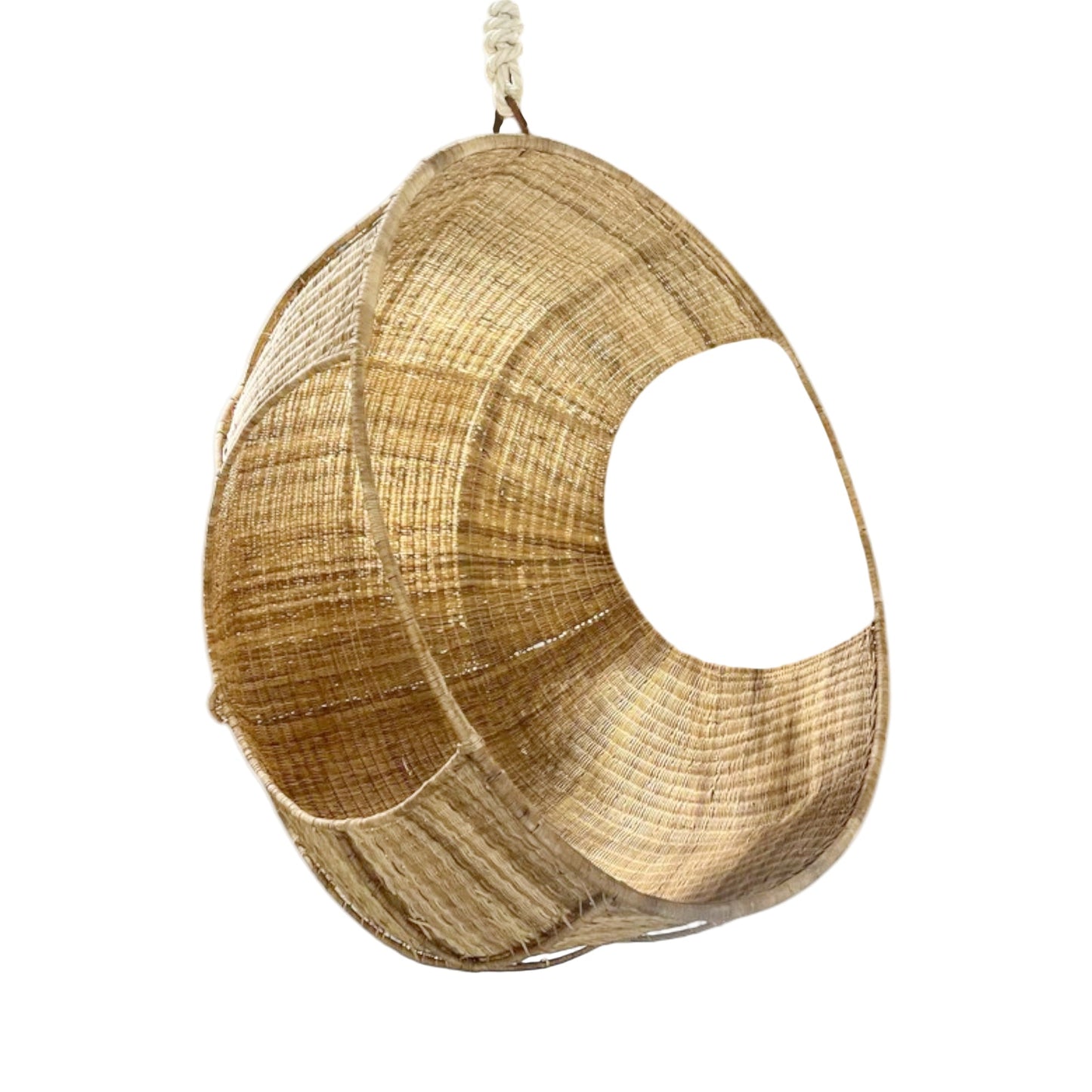 Hand-woven Malawi cane Hanging POD Chair with egg-shaped, cocoon-like structure suspended by sturdy rope, shown in natural finish. The chair features an open weave and rounded form designed as a personal relaxing sanctuary, with customisable detachable cushions (natural, white, or black) for added comfort.