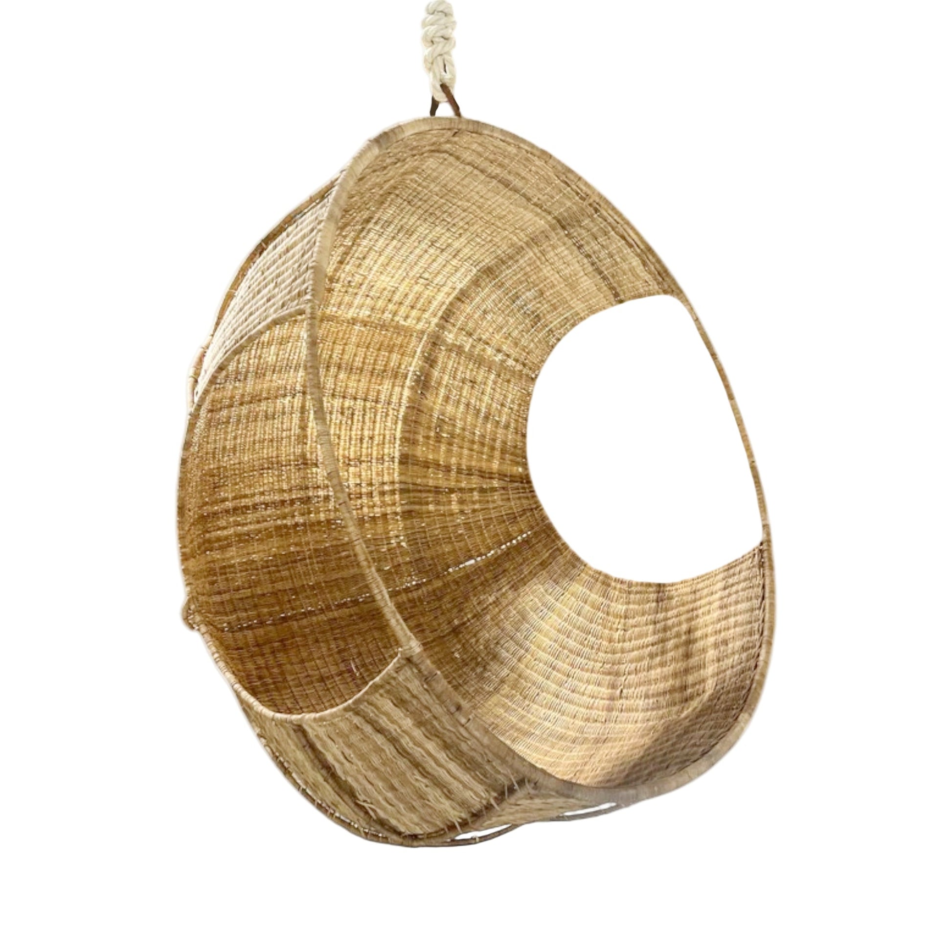 Hand-woven Malawi cane Hanging POD Chair with egg-shaped, cocoon-like structure suspended by sturdy rope, shown in natural finish. The chair features an open weave and rounded form designed as a personal relaxing sanctuary, with customisable detachable cushions (natural, white, or black) for added comfort.