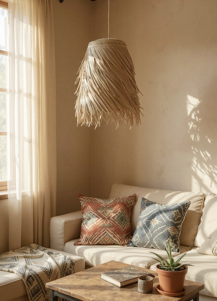 Close-up of Ilala palm pendant lampshade fringe, highlighting interwoven palm fibres and a delicate tassel-like fringe at the base.