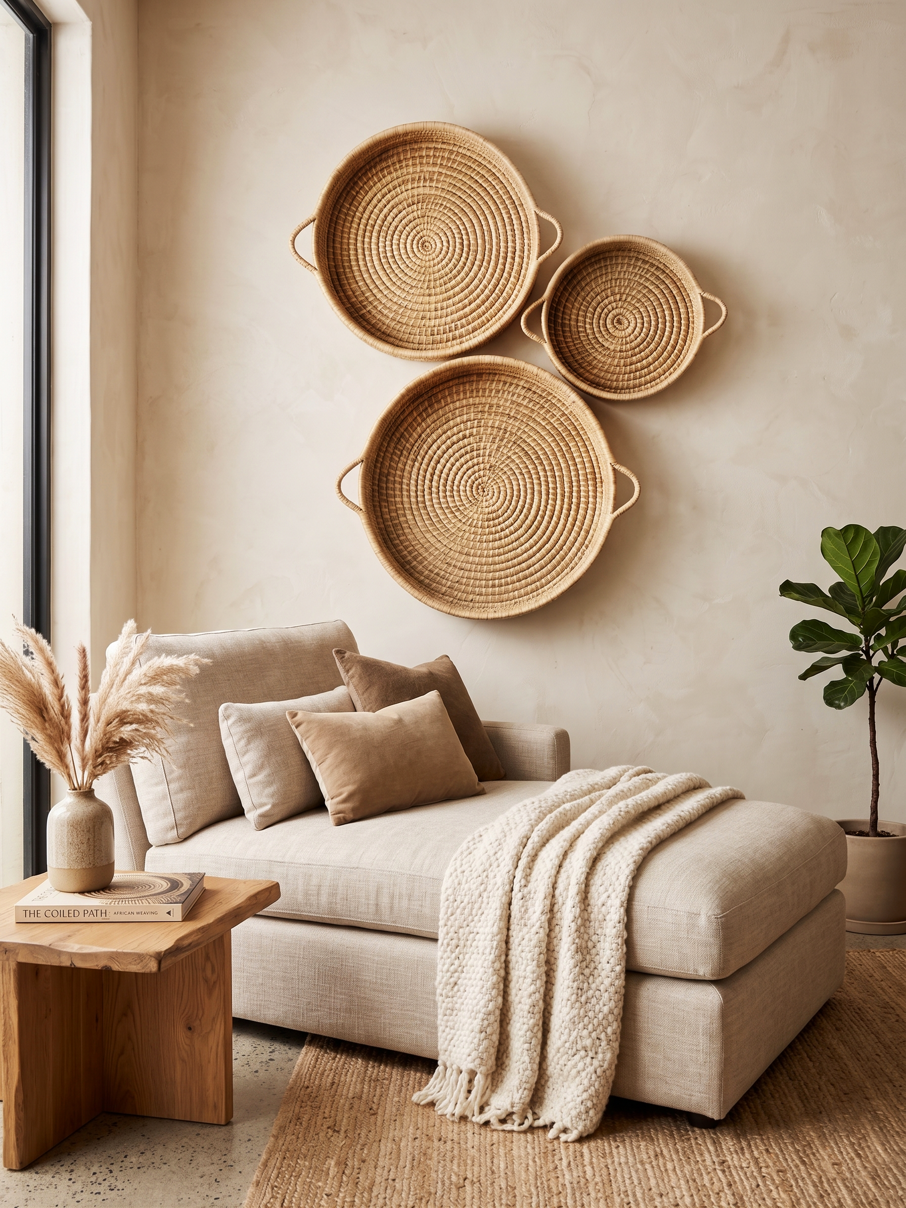 Set of 3 handwoven Malawian Karula Cane Trays made from ilala palm. Available from Malawi Furniture. Perfect for storage, serving or decor.