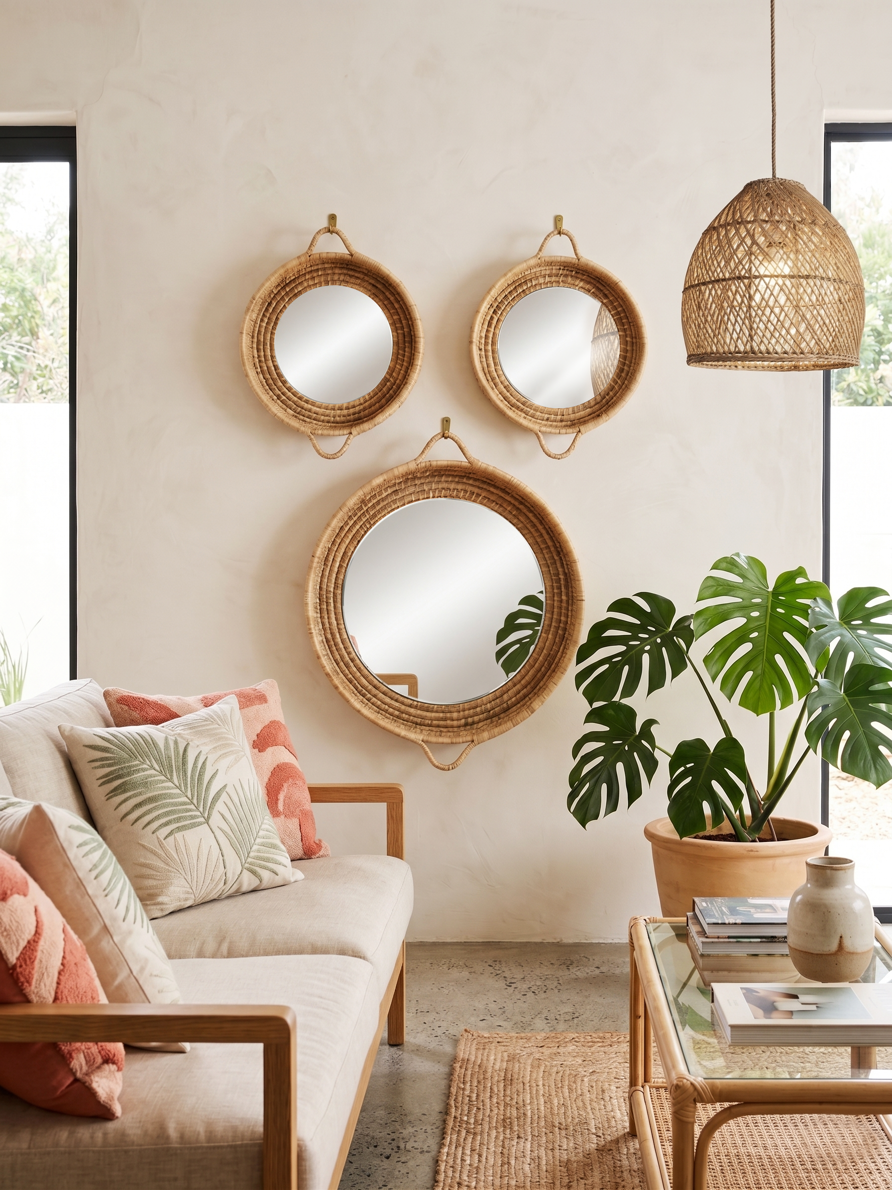 Add mirrors for a unique decorative display. Handwoven Malawian Karula Cane Tray with handles made from ilala palm. Available from Malawi Furniture. Perfect for storage, serving or decor.
