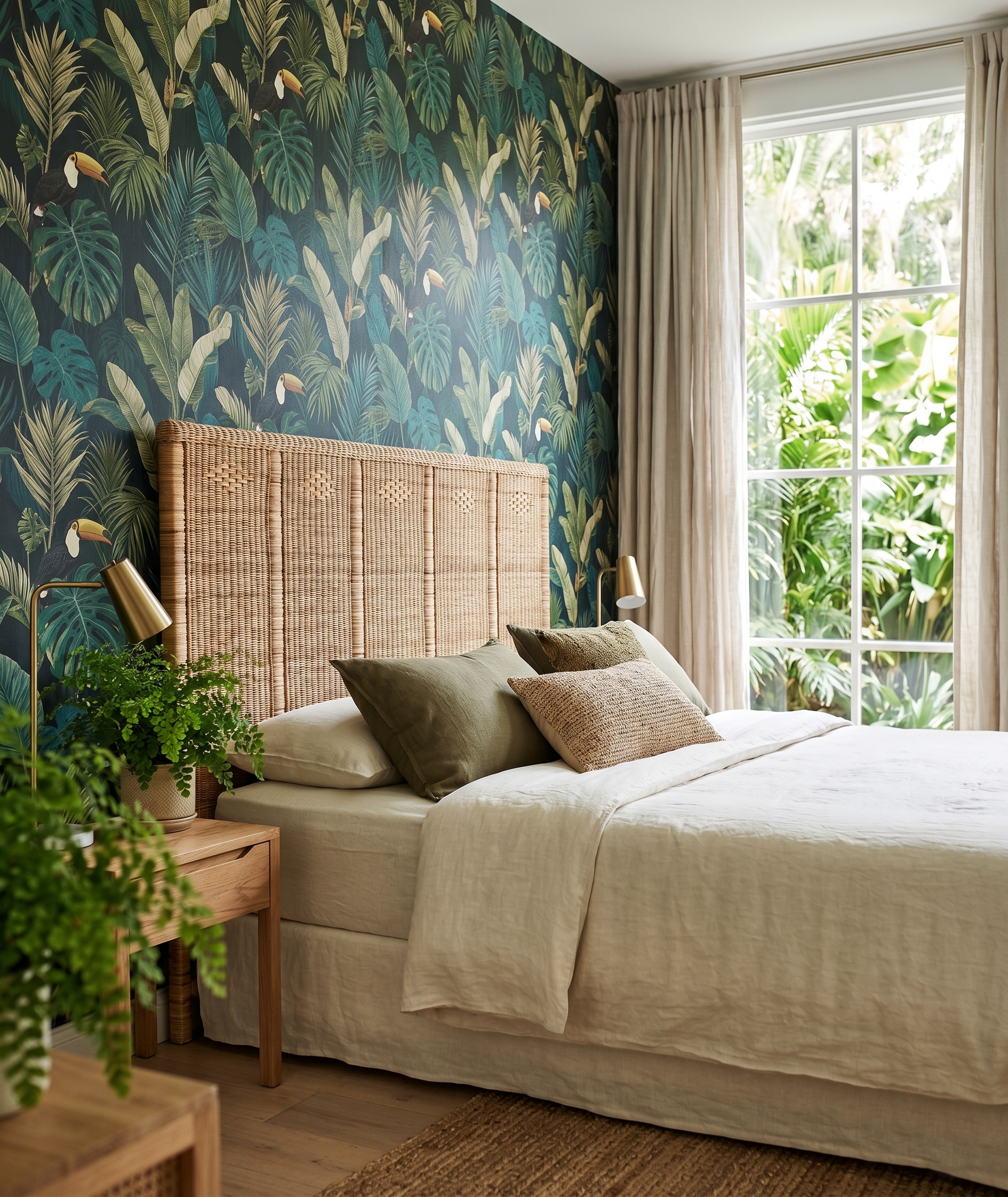 Authentic and textural solid headboard made from Malawi cane. Headboard adds lightweight, organic texture to any bedroom. Paired with vivid tropical wallpaper.