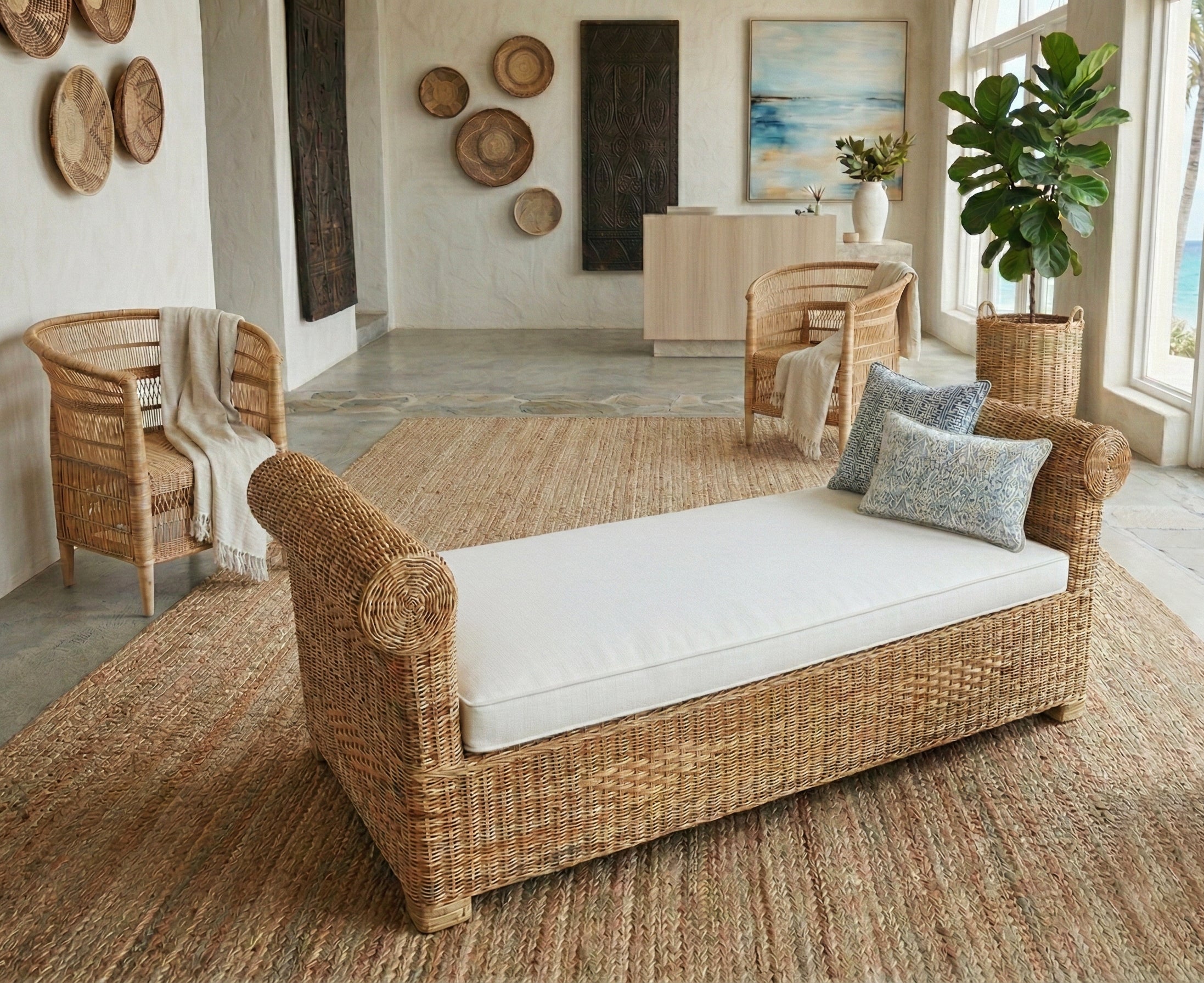 Classic Cane Ottoman Bench – Malawi Furniture