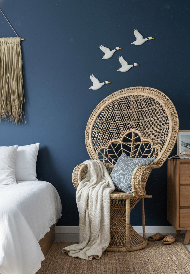 Malawi Furniture - Peacock Chair in blue bedroom with natural tones