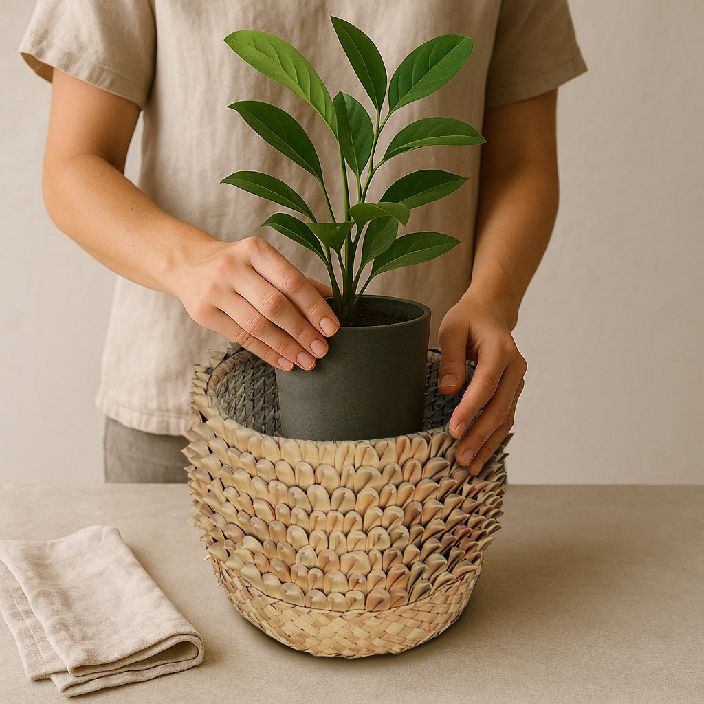 Malawi Furniture - Porcupine Basket with plant