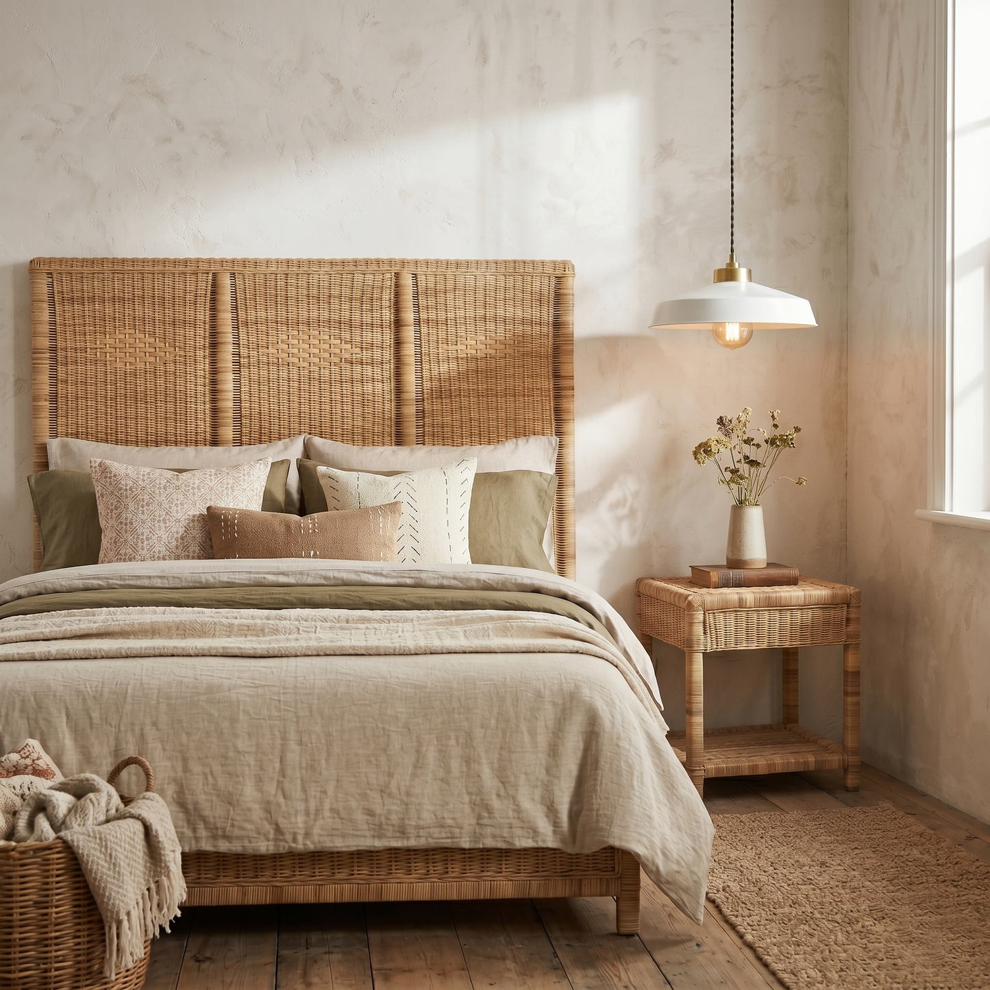 Authentic and textural headboard made from Malawian cane and sold by Malawi Furniture. Headboard adds lightweight, organic texture to any modern bedroom. Buy online for sustainable, handcrafted style.