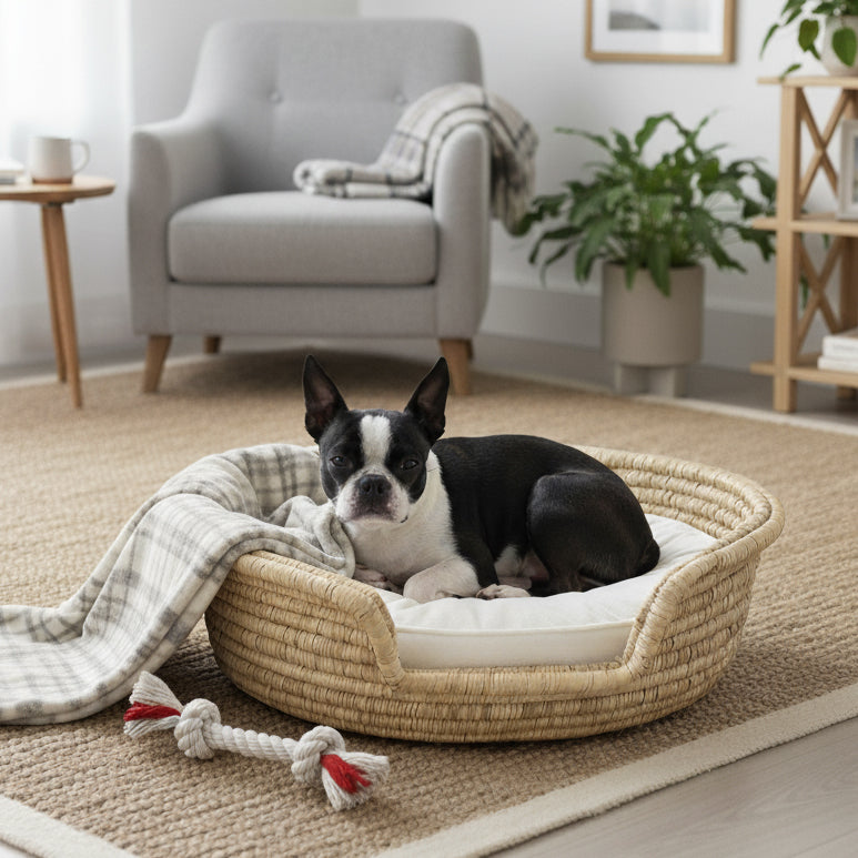 Malawi Furniture - Round Woven dog bed - boston terrier