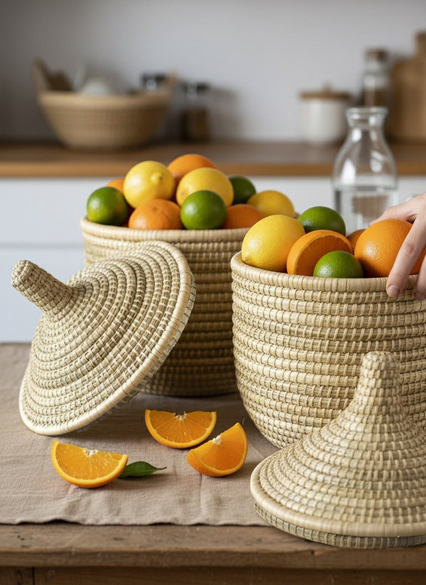 Malawi Furniture - Senegal Baskets - holding lemons, oranges and limes.