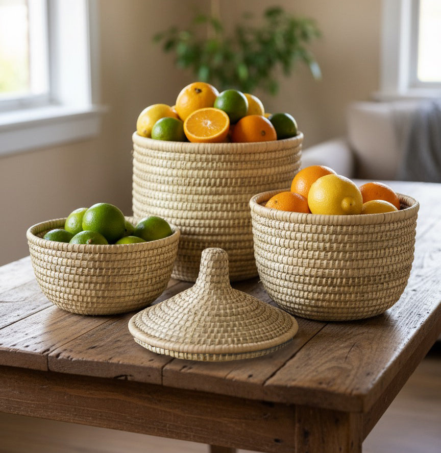 Malawi Furniture - Senegal Baskets - holding lemons, oranges and limes.