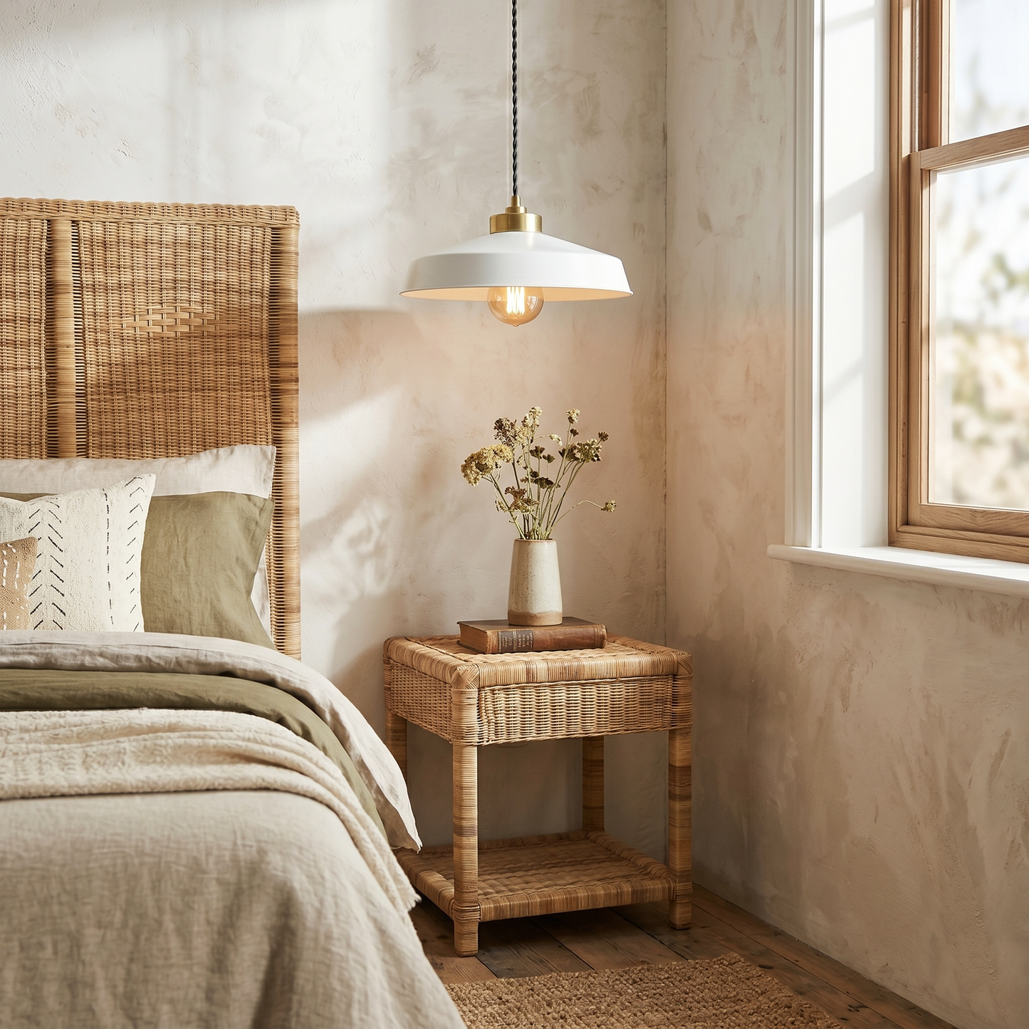 Authentic and textural solid headboard made from Malawi cane with matching cane bedside table. Headboard adds lightweight, organic texture to any bedroom. 