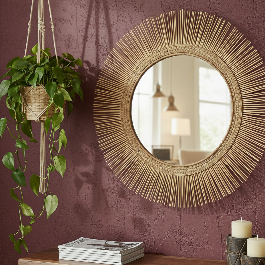 Malawi Furniture - Sun Circle Cane Mirror - Burgundy wall