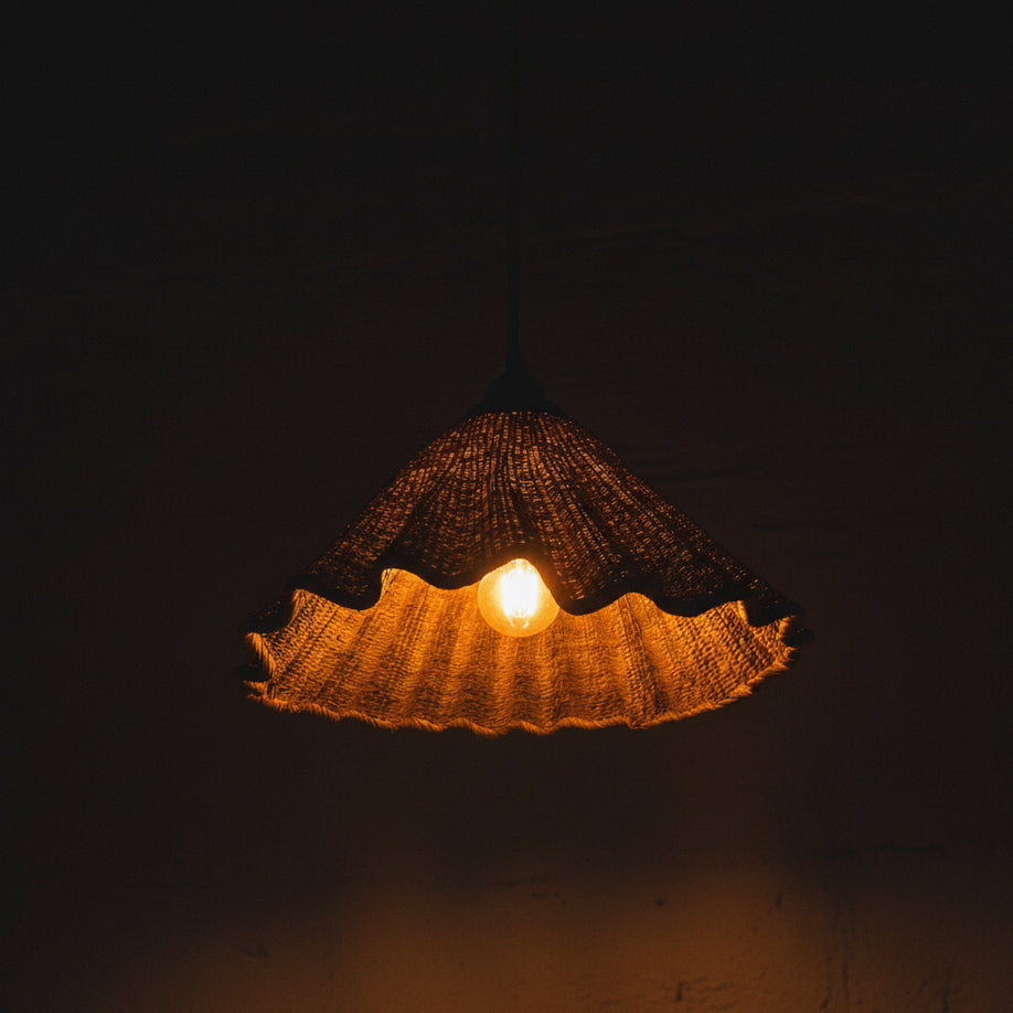 Malawi Furniture - Wonky lampshade - with bulb at night time