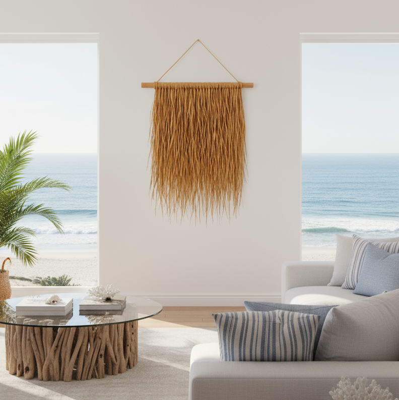 Hanging Grass Wall Decor. Woven grass wall art in coastal living room. Boho ilala palm and sea grass hanging for organic modern decor.