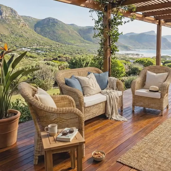 Available Now - Malawi Furniture - Handwoven natural cane Malawi Couch Set with plush white cushions and a seagrass rug on a beautiful verandah in Noordhoek.
