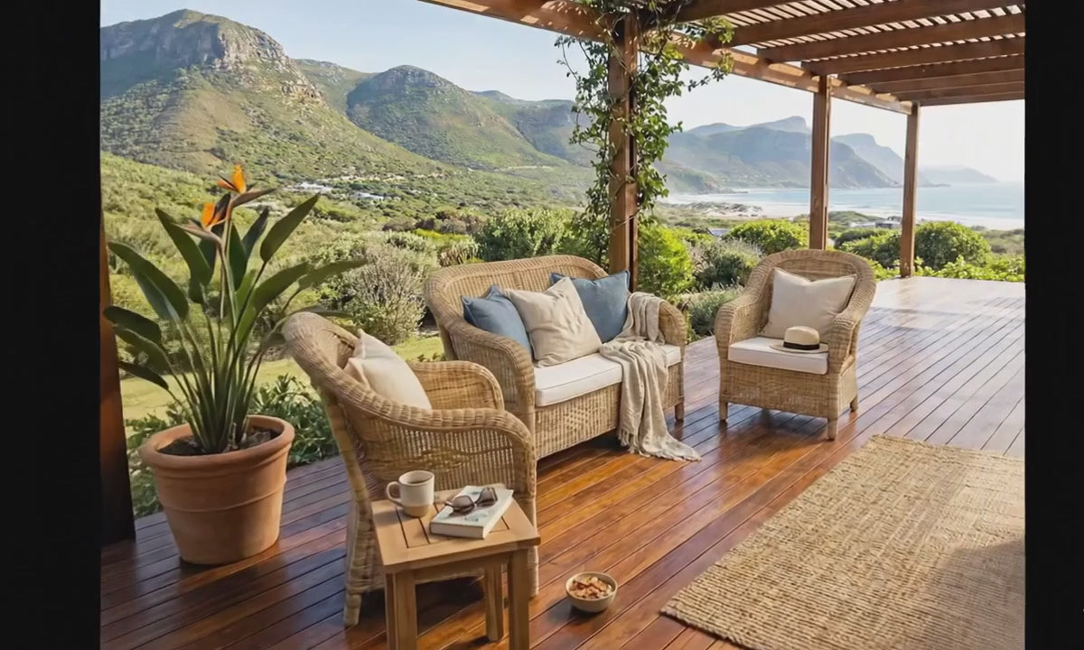 Available Now - Malawi Furniture - Handwoven natural cane Malawi Couch Set with plush white cushions and a seagrass rug on a beautiful verandah in Noordhoek.