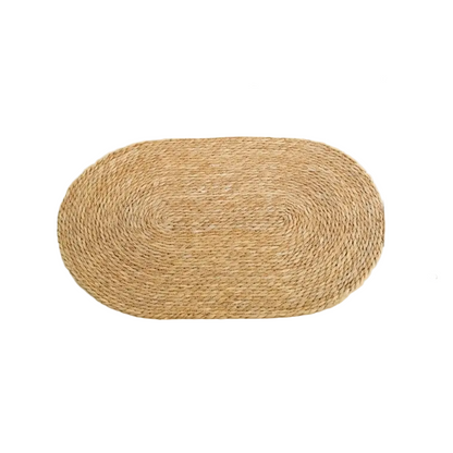 welcome mat grass rattan cane Oval-shaped woven mat with dimensions on a beige background